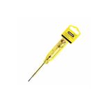 Probador de corriente Stanley, herramienta de color amarillo con punta metálica y empaque de cartón colgante