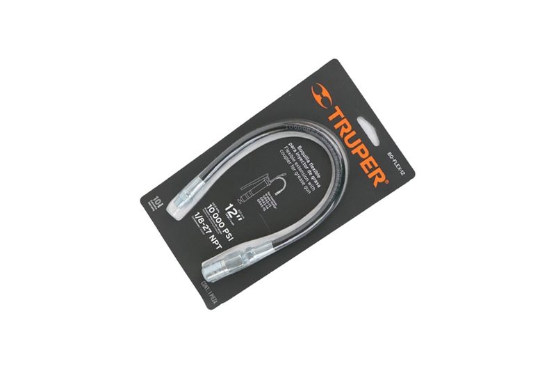 Extensión para engrasadora Truper, empaque blister con manguera flexible transparente y detalles técnicos en negro