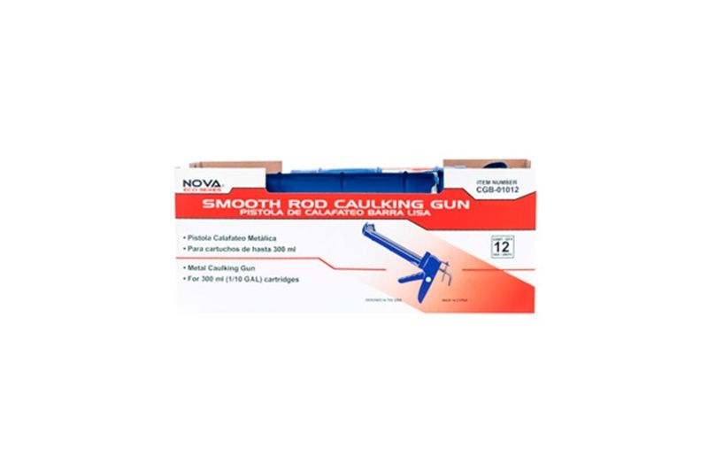 Pistola para silicón azul/roja lisa metal Nova, caja de cartón blanca y roja con ilustración del producto y cantidad de 12