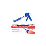 Pistola para silicón azul/roja lisa metal Nova, herramienta azul sobre su caja de cartón con ilustración del equipo
