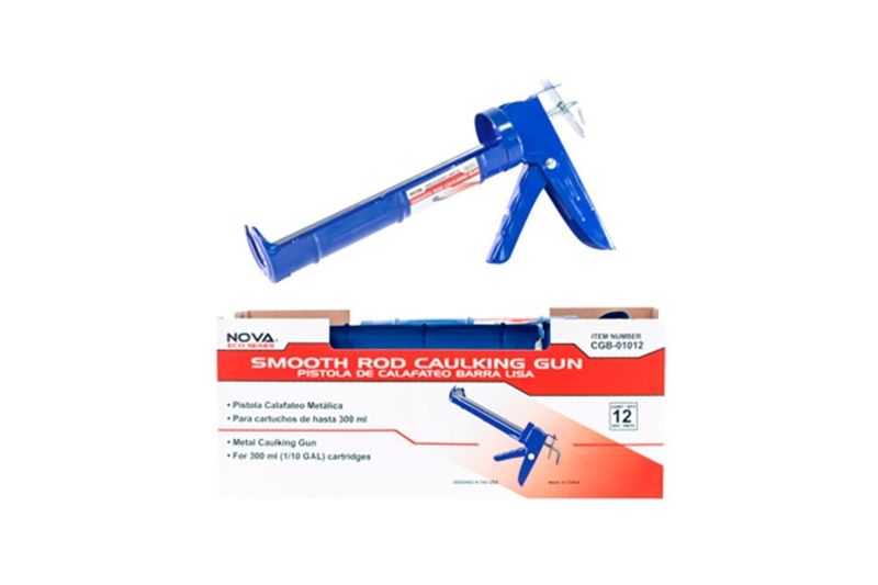Pistola para silicón azul/roja lisa metal Nova, herramienta azul sobre su caja de cartón con ilustración del equipo