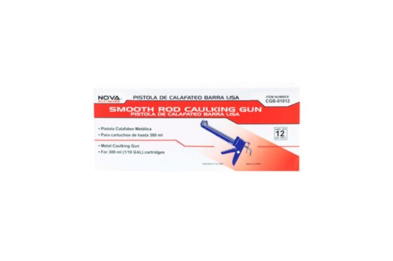 Pistola para silicón azul/roja lisa metal Nova, empaque de cartón blanco y rojo con ilustración del producto
