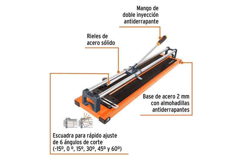Cortador de azulejo profesional 24 pulgadas Truper, infografía con etiquetas que detallan las partes y ángulos de corte