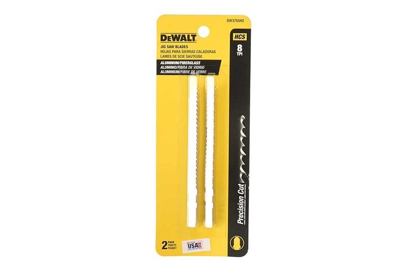 Hoja de sierra para caladora DeWALT de 2 piezas y 4 pulgadas, en empaque amarillo y negro con las hojas visibles
