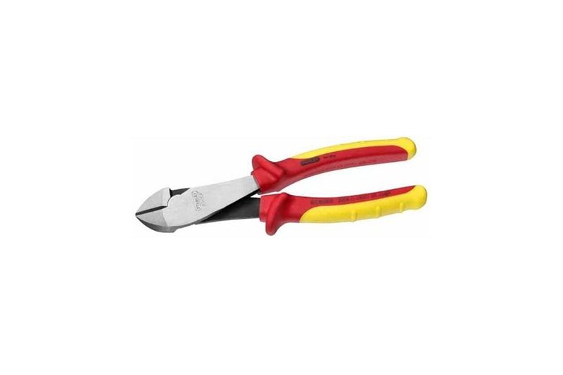 Tenaza Maxsteel Stanley de 8-1/4 pulgadas, corte diagonal 1000V, vista lateral con mangos rojos y amarillos