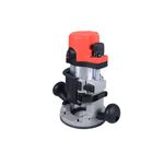 Router eléctrico Milwaukee de 110 V y 2-1/4 HP, vista frontal en ángulo que muestra el ajuste de profundidad y perillas