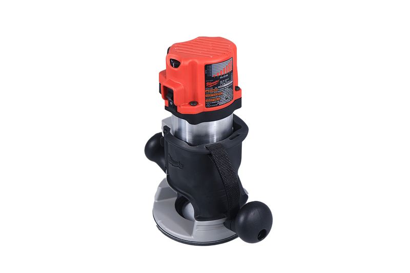 Router eléctrico Milwaukee de 110 V y 2-1/4 HP, vista lateral detallando el motor rojo y las perillas negras