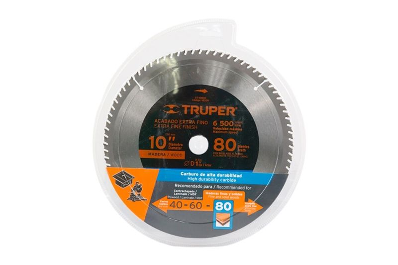 Disco para madera Truper de 10 pulgadas y 80 dientes, visto de frente con su empaque de plástico y etiqueta naranja