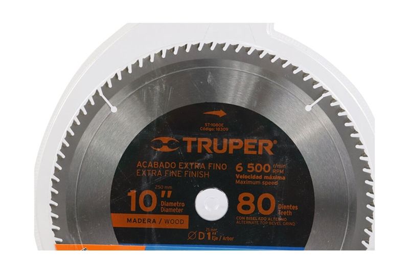 Disco para madera Truper de 10 pulgadas y 80 dientes, vista frontal del disco metálico con etiqueta informativa