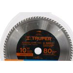 Disco para madera Truper de 10 pulgadas y 80 dientes, primer plano del centro con especificaciones técnicas y marca
