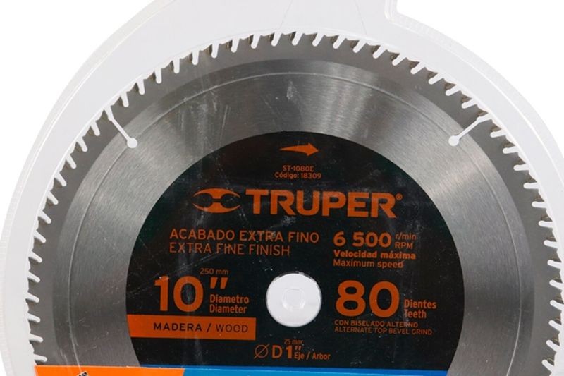 Disco para madera Truper de 10 pulgadas y 80 dientes, primer plano del centro con especificaciones técnicas y marca