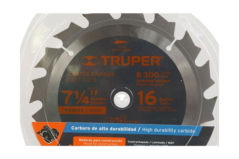 Disco para madera Truper de 7-1/4 pulgadas y 16 dientes, primer plano del disco con etiquetas informativas y empaque