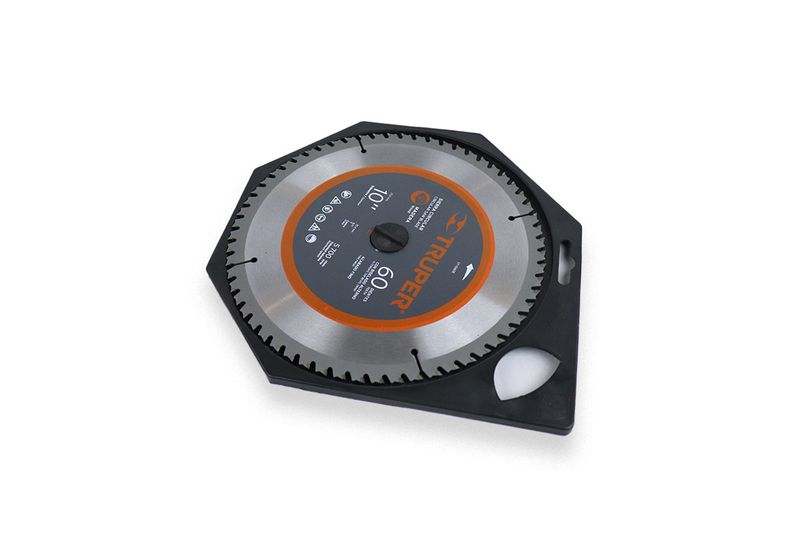 Disco para madera Truper de 10 pulgadas y 60 dientes, vista frontal con centro naranja y protector plástico negro