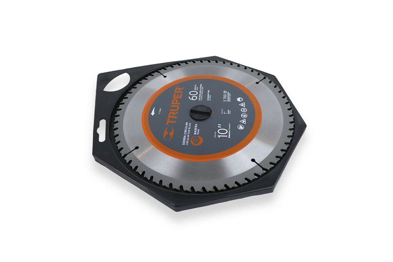 Disco para madera Truper de 10 pulgadas y 60 dientes, colocado dentro de su protector plástico negro