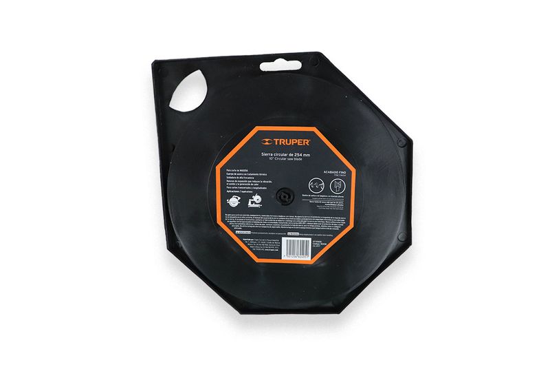 Disco para madera Truper de 10 pulgadas y 60 dientes, vista posterior del empaque negro con información técnica