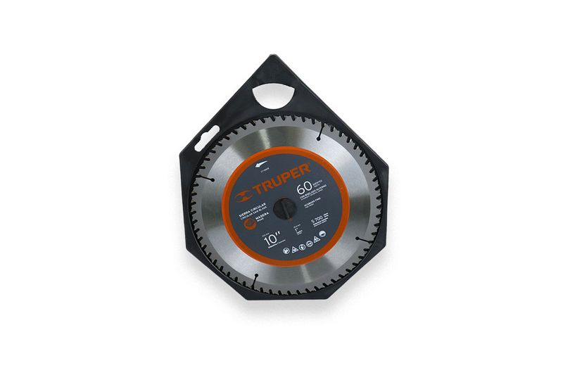 Disco para madera Truper de 10 pulgadas y 60 dientes, dentro de su empaque protector de plástico negro