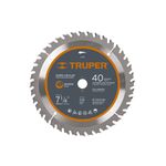 Disco para madera Truper de 7-1/4 pulgadas y 40 dientes, vista frontal detallada de la etiqueta y el centro del disco