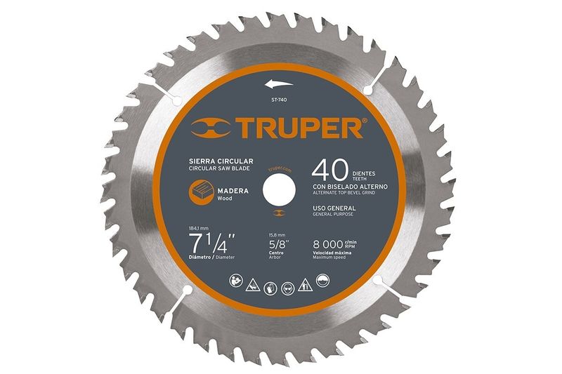 Disco para madera Truper de 7-1/4 pulgadas y 40 dientes, vista frontal detallada de la etiqueta y el centro del disco