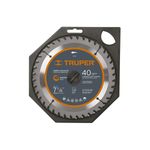 Disco para madera Truper de 7-1/4 pulgadas y 40 dientes, empaque frontal con especificaciones técnicas y logo