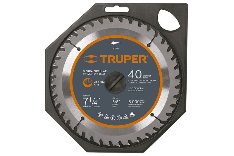 Disco para madera Truper de 7-1/4 pulgadas y 40 dientes, empaque frontal con especificaciones técnicas y logo