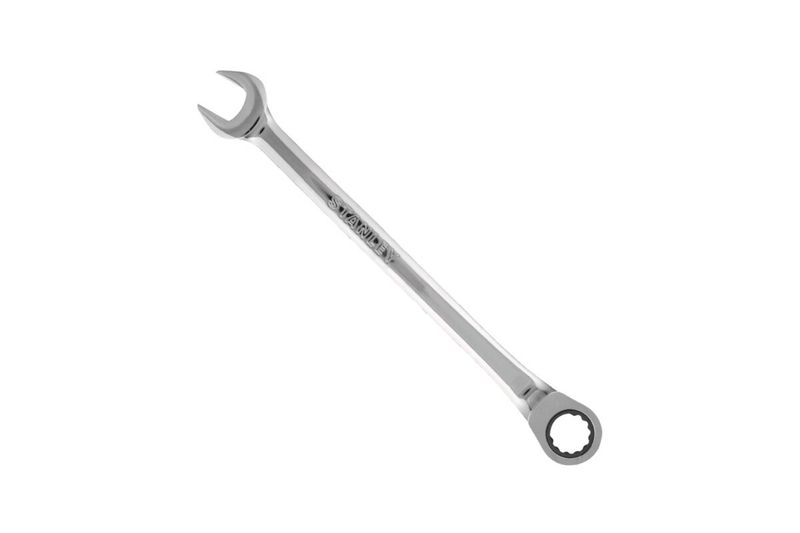 Llave combinada de ratchet Stanley de 12 mm, vista lateral completa sobre fondo blanco