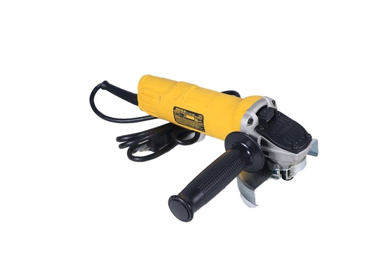 Esmeriladora angular eléctrica DeWALT de 4-1/2 pulgadas y 800 W, vista lateral del cuerpo amarillo y mango auxiliar