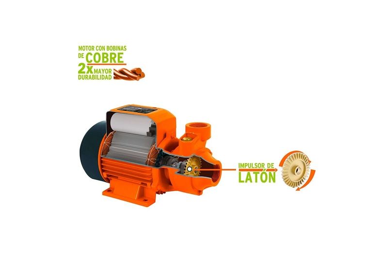 Bomba periférica para agua limpia 110V Truper de 1HP, corte transversal del motor naranja con bobinas de cobre e impulsor