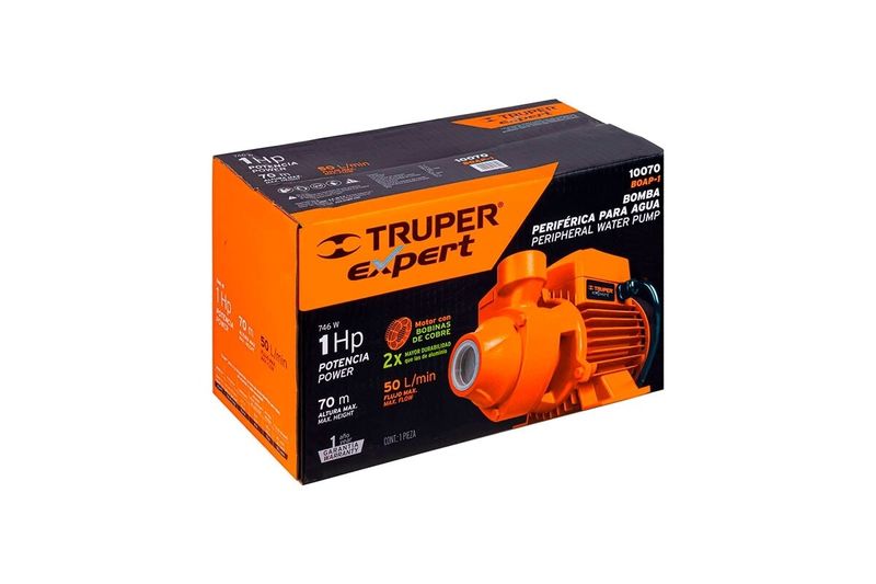 Bomba periférica para agua limpia 110V Truper de 1 HP, vista frontal de la caja con ilustración del equipo naranja