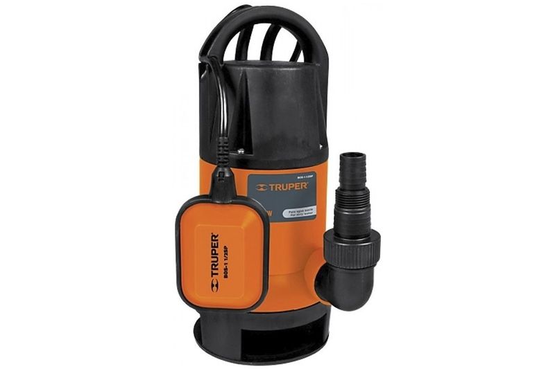 Bomba sumergible para agua sucia 110 V Truper de 1 HP, equipo color naranja y negro con flotador automático integrado
