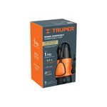 Bomba sumergible para agua sucia 110V Truper de 1 HP, en su empaque de cartón naranja con ilustración del equipo