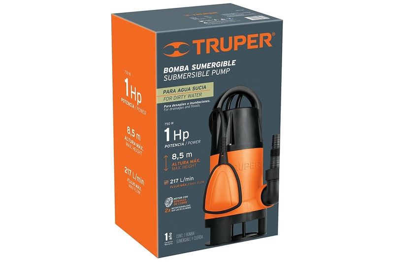 Bomba sumergible para agua sucia 110V Truper de 1 HP, en su empaque de cartón naranja con ilustración del equipo