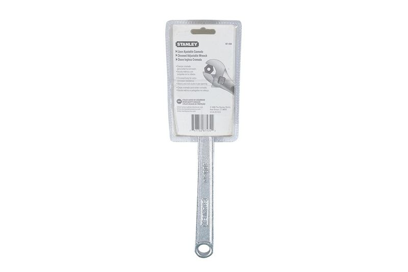 Llave crecen Stanley de 12 pulgadas cromada, vista frontal del producto en su empaque plástico transparente