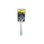 Llave crecen Stanley de 12 pulgadas cromada, vista frontal del producto en su empaque plástico con tarjeta amarilla