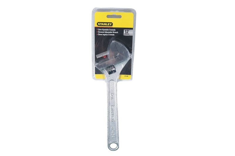 Llave crecen Stanley de 12 pulgadas cromada, vista frontal del producto en su empaque plástico con tarjeta amarilla