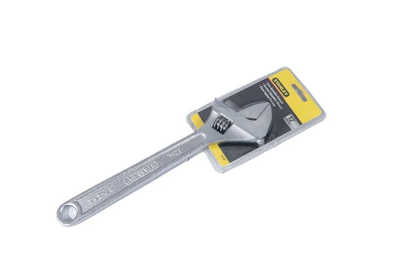 Llave crecen Stanley de 12 pulgadas cromada, vista lateral completa con empaque de cartón amarillo y negro