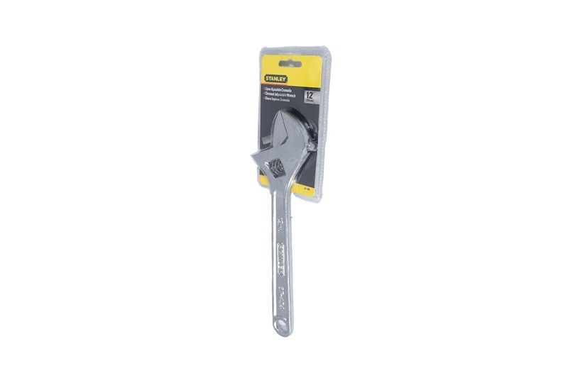 Llave crecen Stanley de 12 pulgadas cromada, herramienta en su empaque blister sobre fondo blanco
