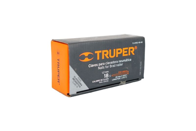 Clavos para clavadora Truper de 1-5/8 pulgadas, caja de cartón gris y naranja con especificaciones técnicas