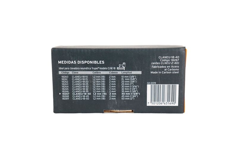 Clavos para clavadora Truper de 1-5/8 pulgadas, tabla de medidas disponibles impresa en la parte posterior de la caja