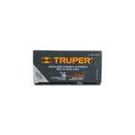 Clavos para clavadora Truper de 1-5/8 pulgadas, vista frontal de la caja negra con especificaciones técnicas