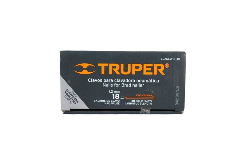 Clavos para clavadora Truper de 1-5/8 pulgadas, vista frontal de la caja negra con especificaciones técnicas
