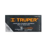 Clavos para clavadora Truper de 1 pulgada, caja negra con letras naranjas y blancas con detalles técnicos del producto