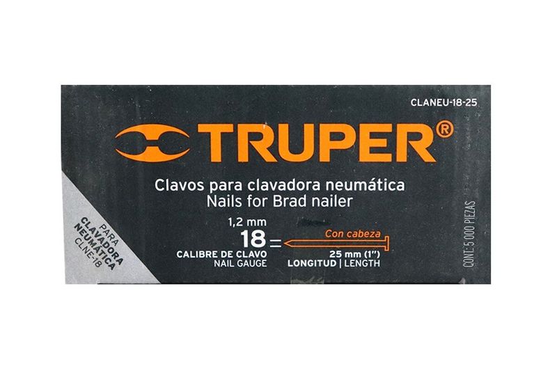 Clavos para clavadora Truper de 1 pulgada, caja negra con letras naranjas y blancas con detalles técnicos del producto
