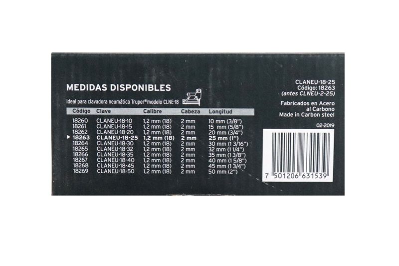Clavos para clavadora Truper de 1 pulgada, tabla de medidas disponibles y códigos en el empaque negro