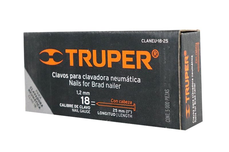 Clavos para clavadora Truper de 1 pulgada, caja negra con letras naranjas y descripción técnica del producto