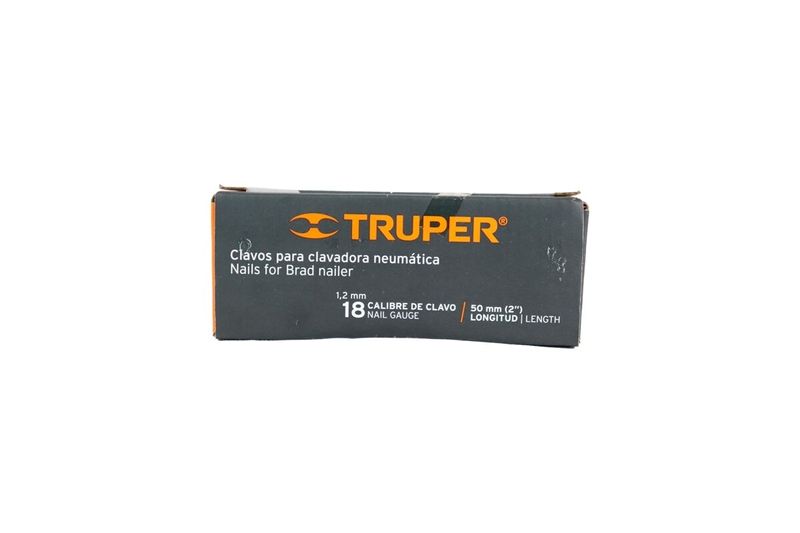 Clavos para clavadora Truper de 2 pulgadas, caja de cartón negra con especificaciones técnicas en blanco y naranja
