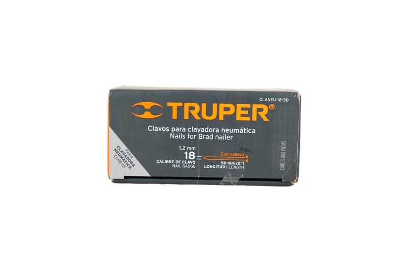 Clavos para clavadora Truper de 2 pulgadas, caja cerrada vista frontal con detalles técnicos y marca