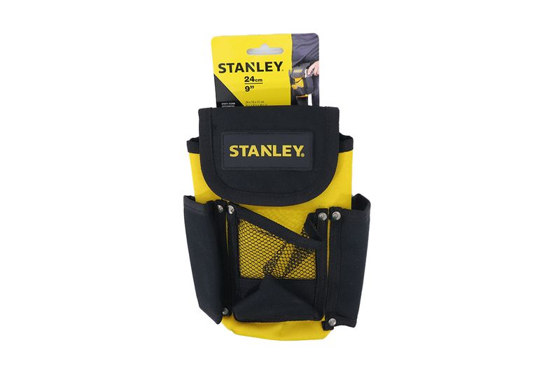 Bolso para herramientas Stanley de 9 pulgadas, color amarillo y negro con compartimentos frontales y empaque superior