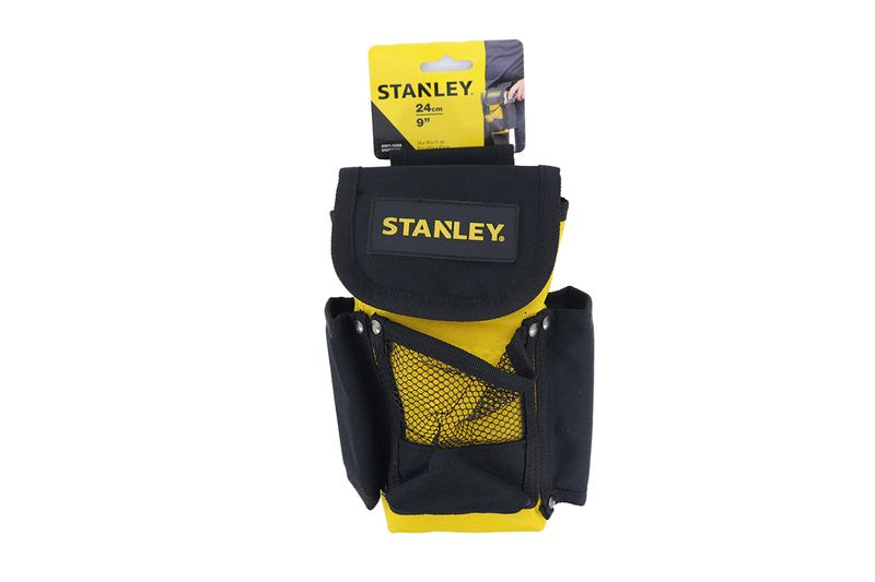 Bolso para herramientas Stanley de 9 pulgadas, vista frontal en color negro y amarillo con etiqueta de empaque