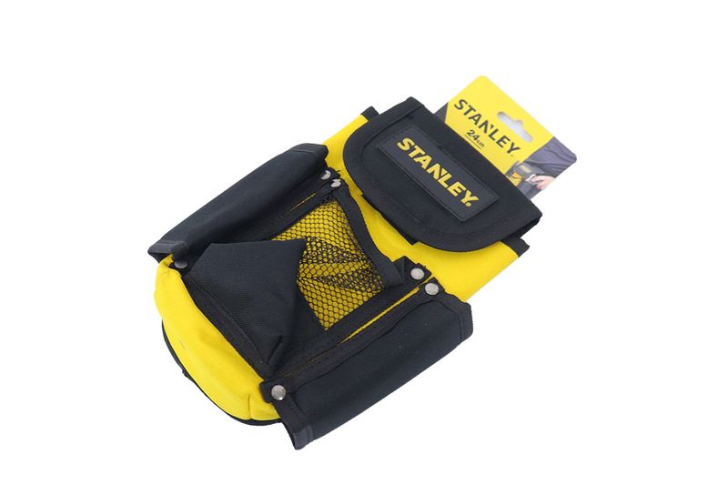 Bolso para herramientas Stanley de 9 pulgadas, vista lateral con empaque amarillo y negro y bolsillos de malla