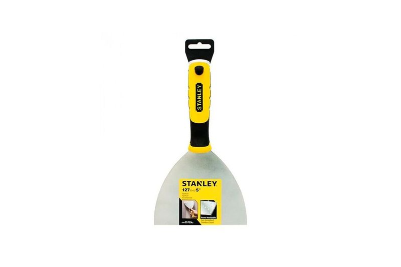 Espátula Stanley de 5 pulgadas para uso en tapicero de acero inoxidable, vista frontal con mango amarillo y negro